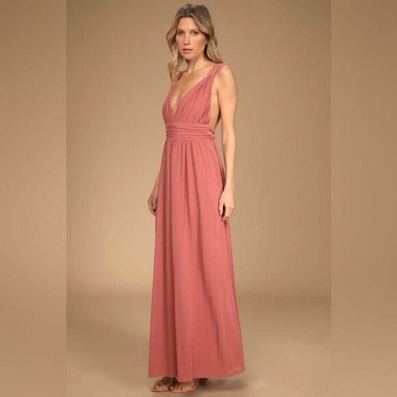 Lulu’s Mesmerized by Love Rusty Rose Mesh Lace-Up Maxi Dress NWT XS - Picture 2 of 16